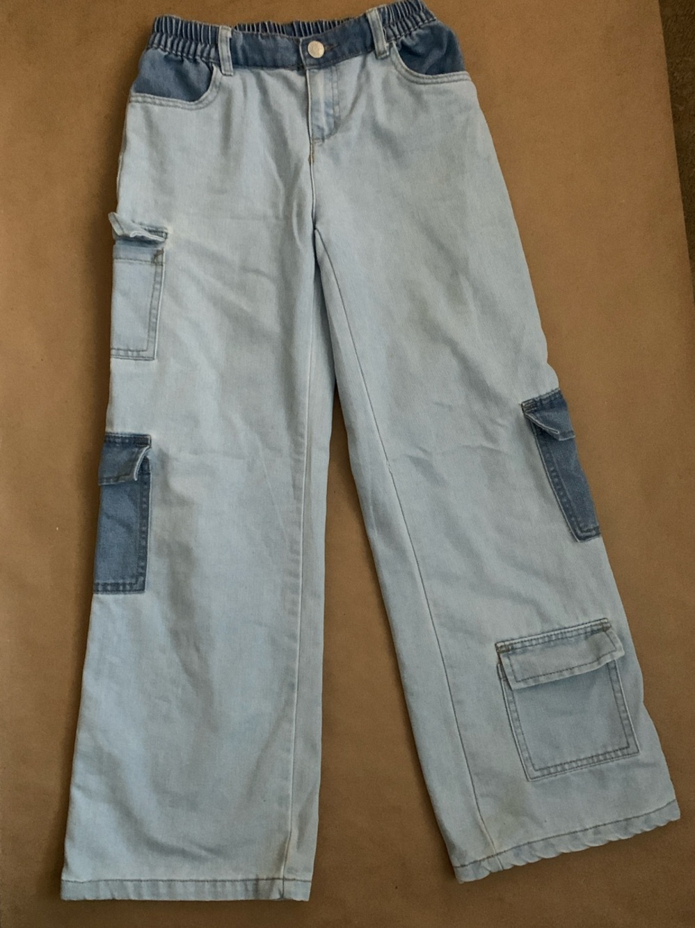 Justice Light Blue Patchwork Cargo Jeans with Darker Blue Accents